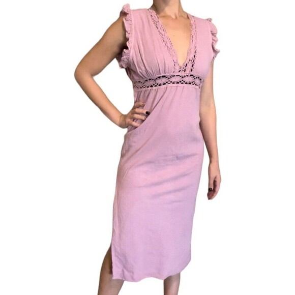 Free People X Jens Pirate Booty Size Medium Moca Midi Dress Pink Ruffled Sleeve - Picture 2 of 10